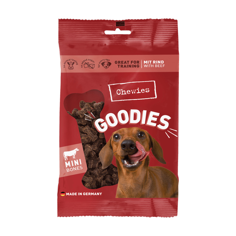 Chewies Goodies Mini Bones Rind, Hundetraining, 125 g, fröhlicher Hund auf roter Verpackung, hergestellt in Deutschland.
