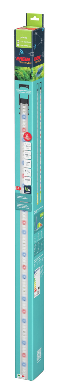 Das Bild zeigt die Verpackung der EHEIM classicLED Pflanzenbeleuchtung mit der EAN 4011708006443. Die Zielgruppe sind Aquarienbesitzer, die eine energieeffiziente LED-Beleuchtung für Pflanzen suchen. Die Verpackung hebt die 7.700 Kelvin Farbtemperatur, 24