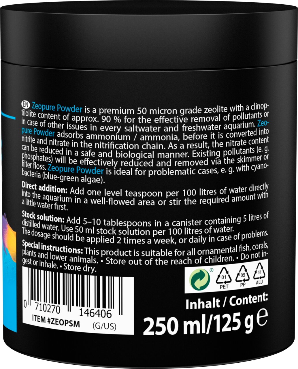 ARKA Zeopure Powder Zeolith für Zierfische in Süß- und Meerwasseraquarien, reduziert Schadstoffe, 250 ml-125 g.