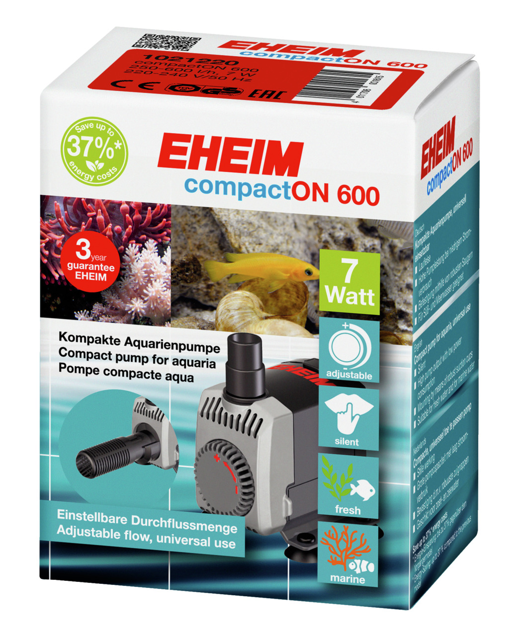 EHEIM compactON 600 Pumpe, für Süß-/Meerwasseraquarien, leise, einstellbar, 7W, 37 % Energieersparnis, 3 Jahre Garantie.