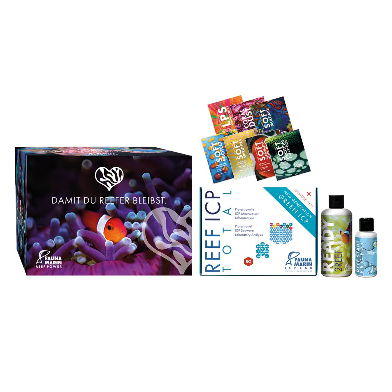 FAUNA MARIN Reef ICP Total Set für Meerwasseraquarien inkl. Laboranalysen, Soft Clips, Reef Power und Reef Actif, 1 Set.