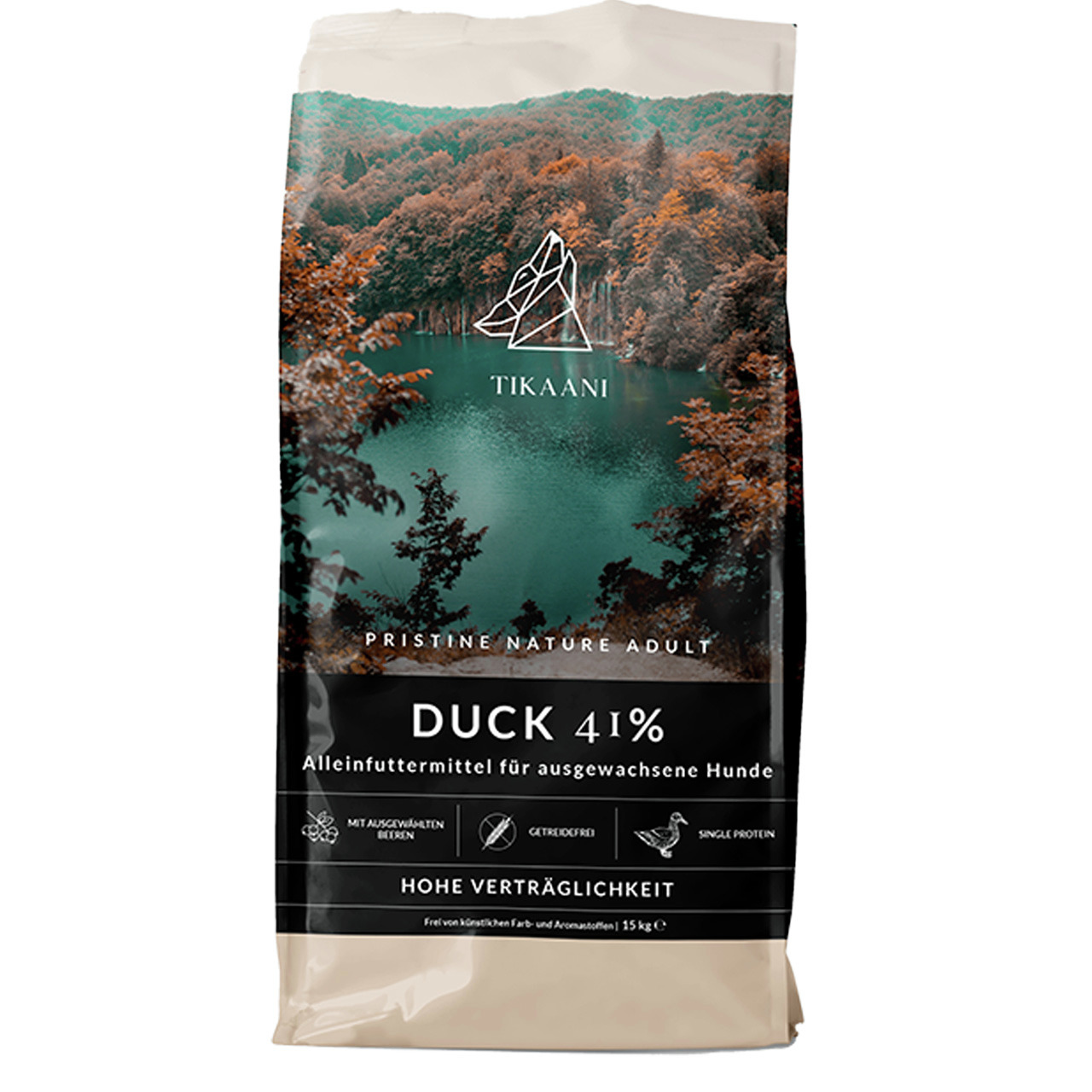 TIKAANI Pristine Nature Adult Duck 41%, Alleinfutter f. erw. Hunde, Ente, 15 kg, getreidefrei, Single-Protein, m. Beeren.