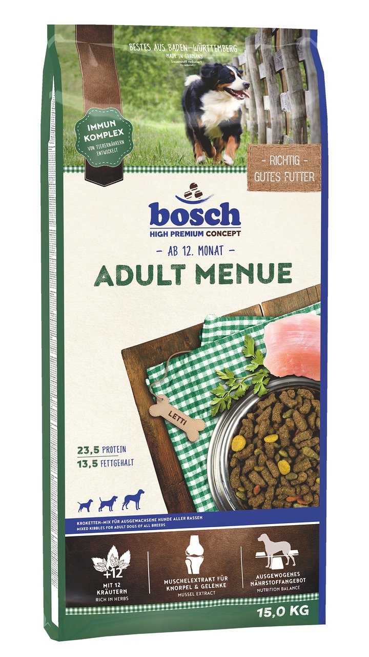 bosch High Premium Concept Adult Menue, 15 kg, für Hunde ab 12 Mon., 23,5 % Protein, 13,5 % Fett, mit Kräutern, Gelenkschutz, „Made in Germany“.