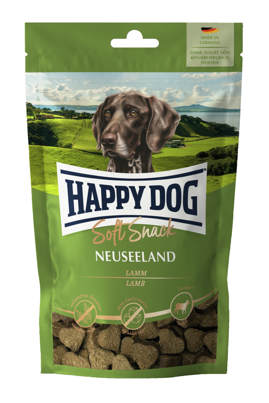 Happy Dog Soft Snack Neuseeland, getreidefrei, Lamm, für ausgewachsene Hunde, ohne Zuckerzusatz-Konservierungsstoffe, 100 g.