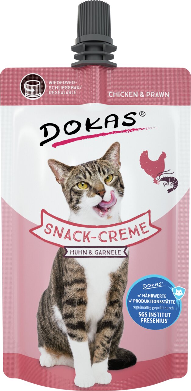 Dokas Snack-Creme für Katzen, Huhn & Garnele, 75 g. Belohnung-Ergänzungsfutter, SGS-geprüft (Institut Fresenius).