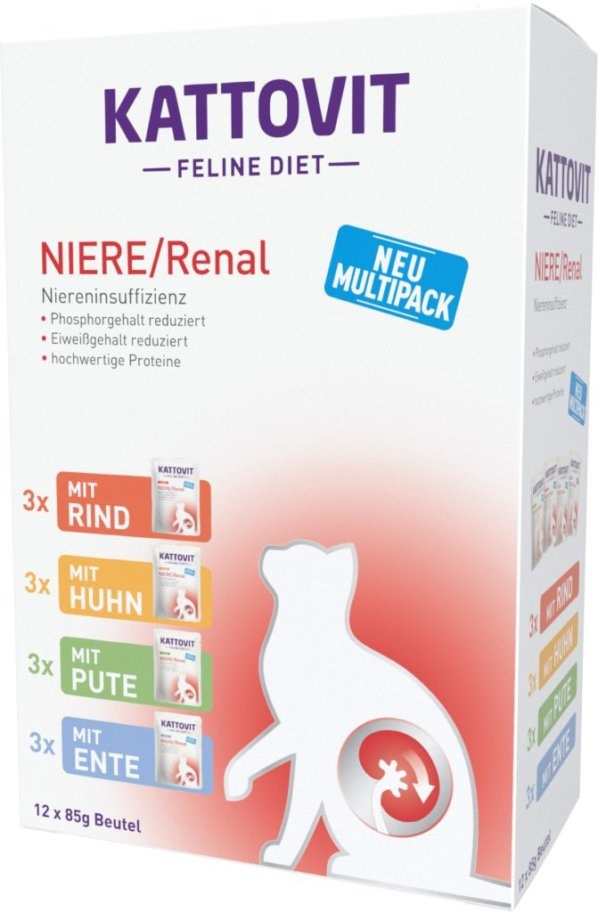 Kattovit Feline Diet Niere/Renal, Katzen, Rind/Huhn/Pute/Ente, Diätnahrung, 12x85g, reduzierter Phosphor-/Eiweißgehalt, hochwertige Proteine.