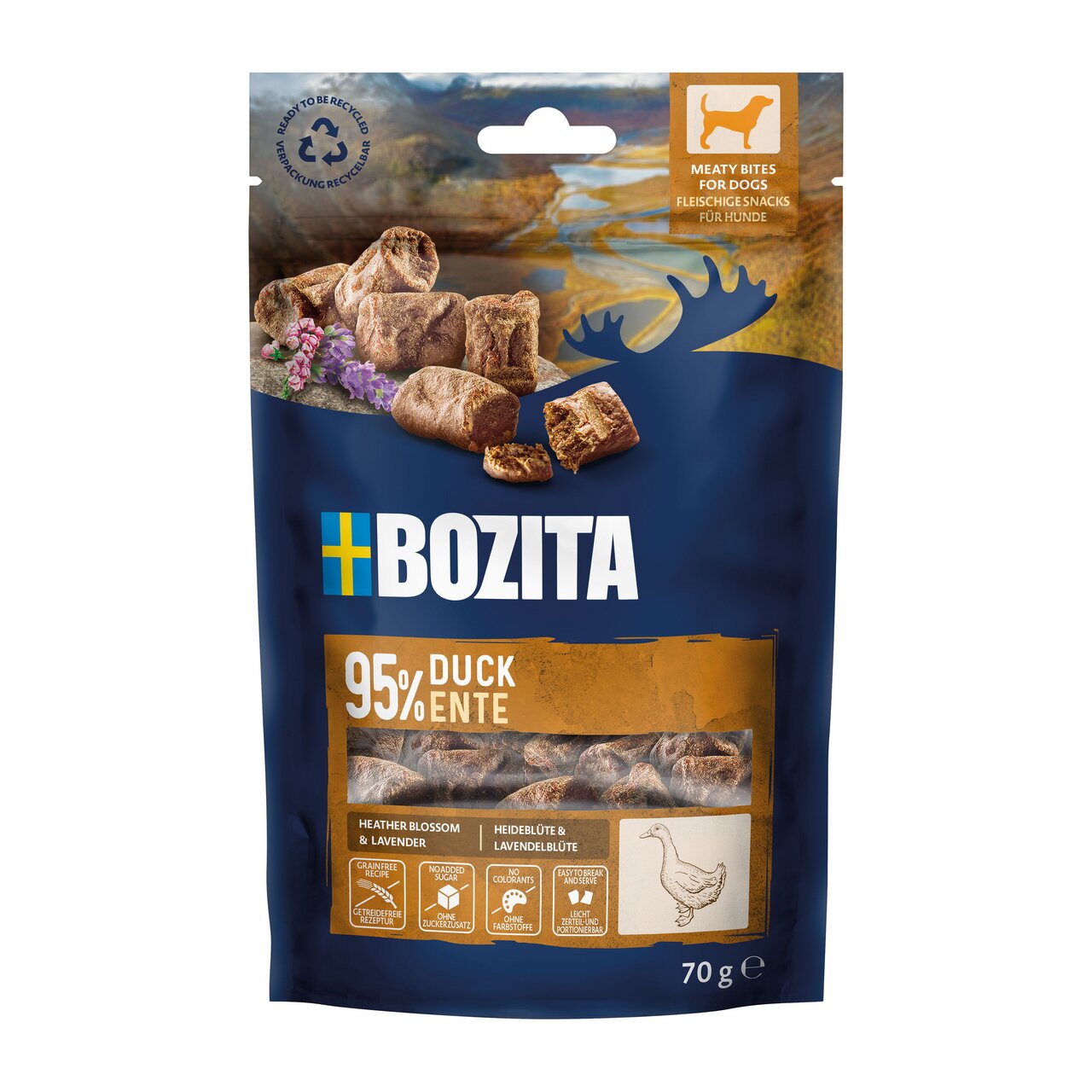 Bozita Meaty Bites mit Ente für Hunde, 95% Fleisch, verfeinert mit Heideblüte und Lavendel, 70 g, getreidefrei, ohne künstliche Zusatzstoffe.