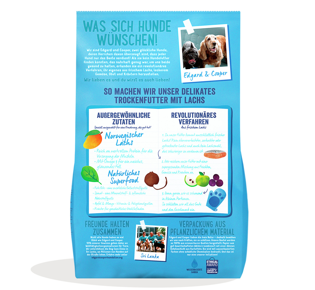Edgard & Cooper Trockenfutter für Hunde, norwegischer Lachs mit Superfoods (Obst & Gemüse), Verpackung aus pflanzl. Material.