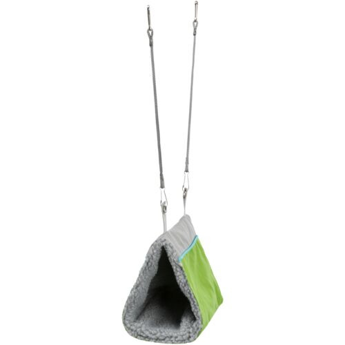 Hängematte für Kleintiere von TRIXIE, geeignet für Hamster, Mäuse und andere kleine Nager. Die Hängematte besteht aus weichem, grauem Plüsch und grünem Nylon, bietet Komfort und Schutz. Mit stabilen Metallhaken zur Befestigung im Käfig. Maße und Menge auf
