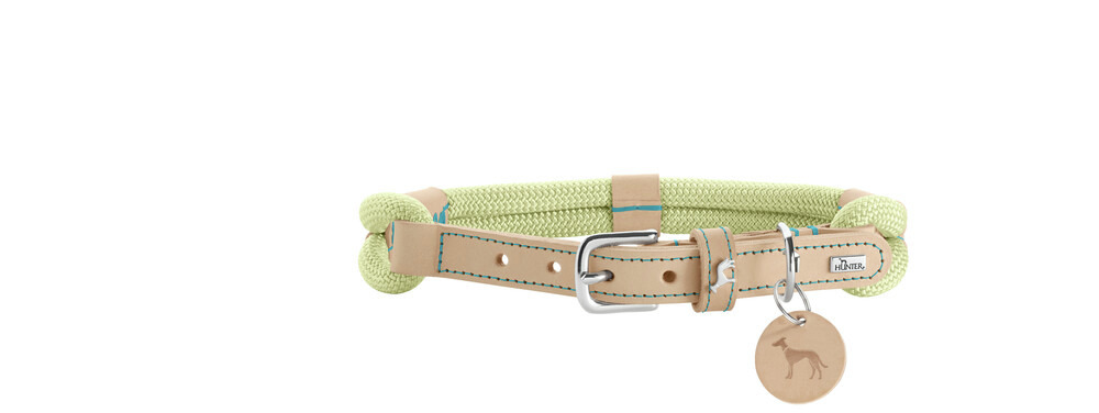HUNTER Hundehalsband "Modern Art" für Hundehalter, hellgrünes Seil, beiges Kunstleder, blaue Nähte, Metallschnalle, Anhänger.
