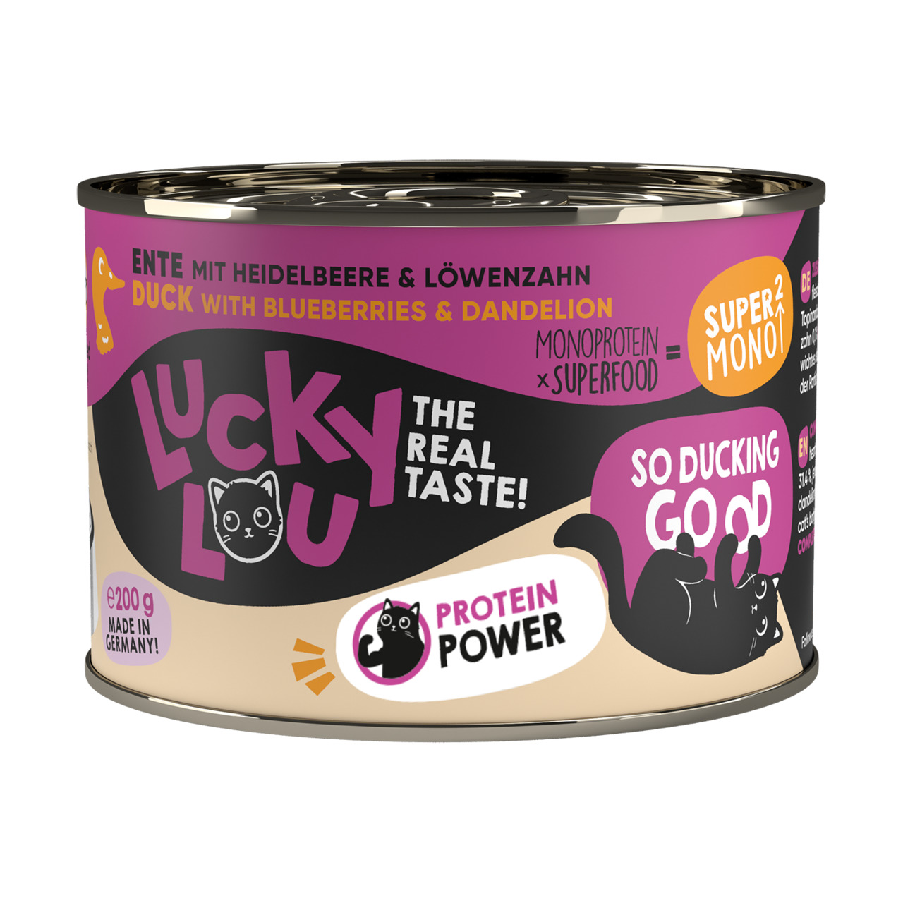 Lucky Lou Katzenfutter, Ente+Heidelbeere+Löwenzahn, Monoprotein+Superfoods, 200 g, „The Real Taste!“, für Katzen.