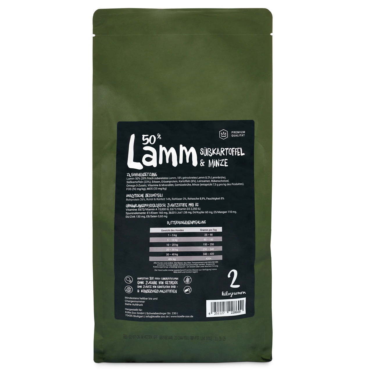 Lottis Häppchen 50 % Lamm, Süßkartoffel & Minze, getreidefrei, Premium, für Hunde, ohne künstl. Zusatzstoffe, 2 kg.