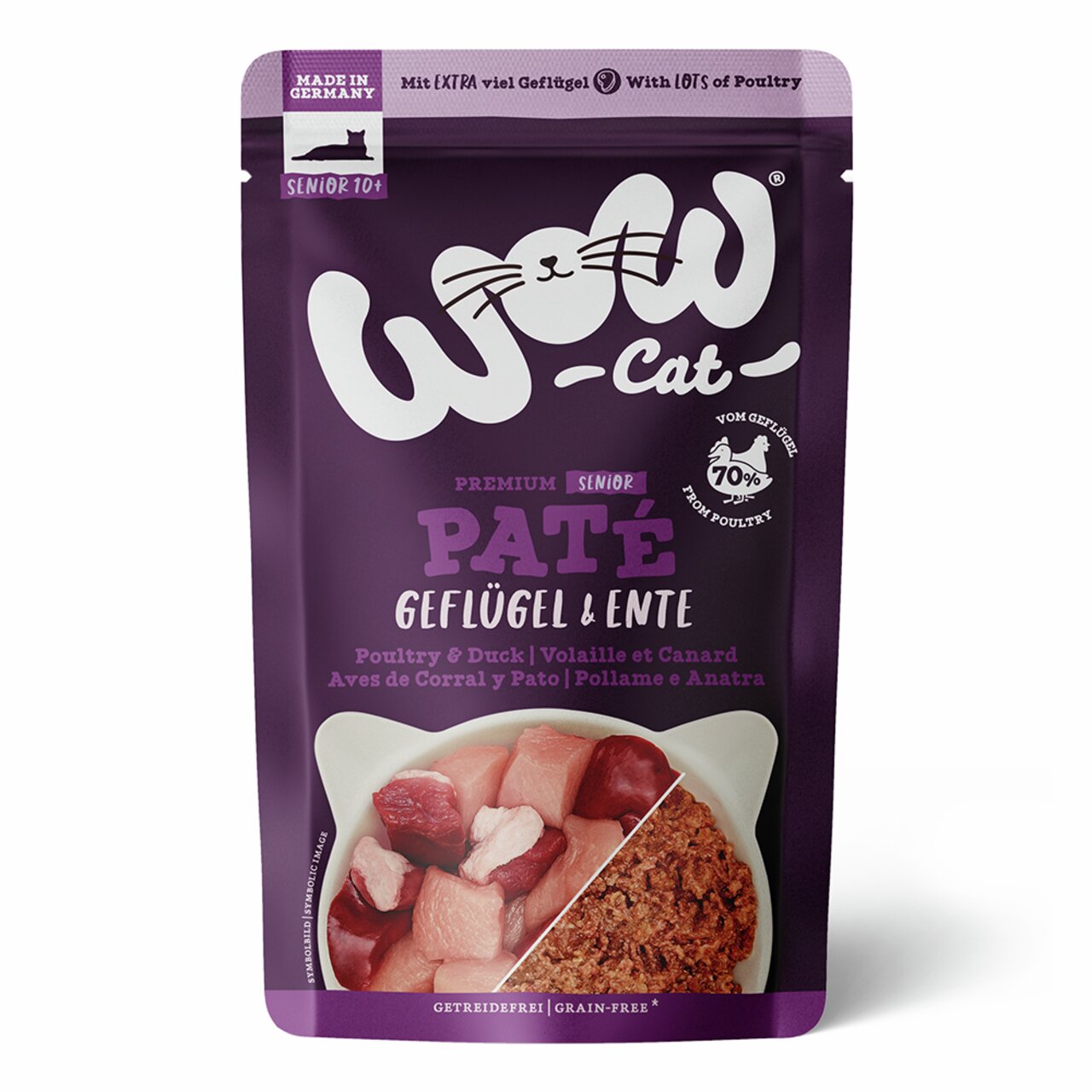 WOW CAT Premium Senior Paté Geflügel & Ente, ab 10 J., 70 % Fleisch, getreidefrei, für ältere Katzen, Hergestellt in Deutschland.