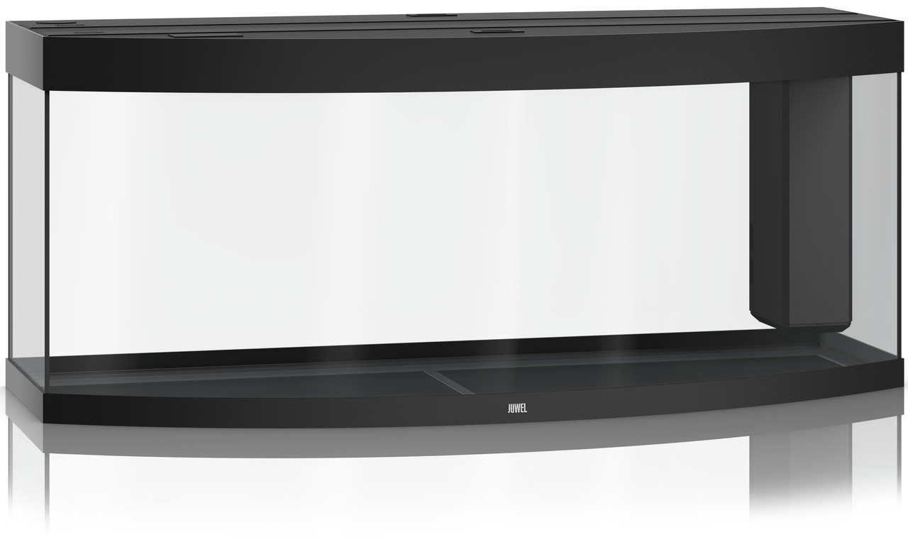 Das Bild zeigt ein JUWEL Vision 260 LED Aquarium in Schwarz, ein hochwertiges Aquarium für Aquaristik-Enthusiasten. Es ist für Süß- und Meerwasserfische geeignet und bietet ein Fassungsvermögen von 260 Litern. Das elegante Design mit gebogener Frontscheib
