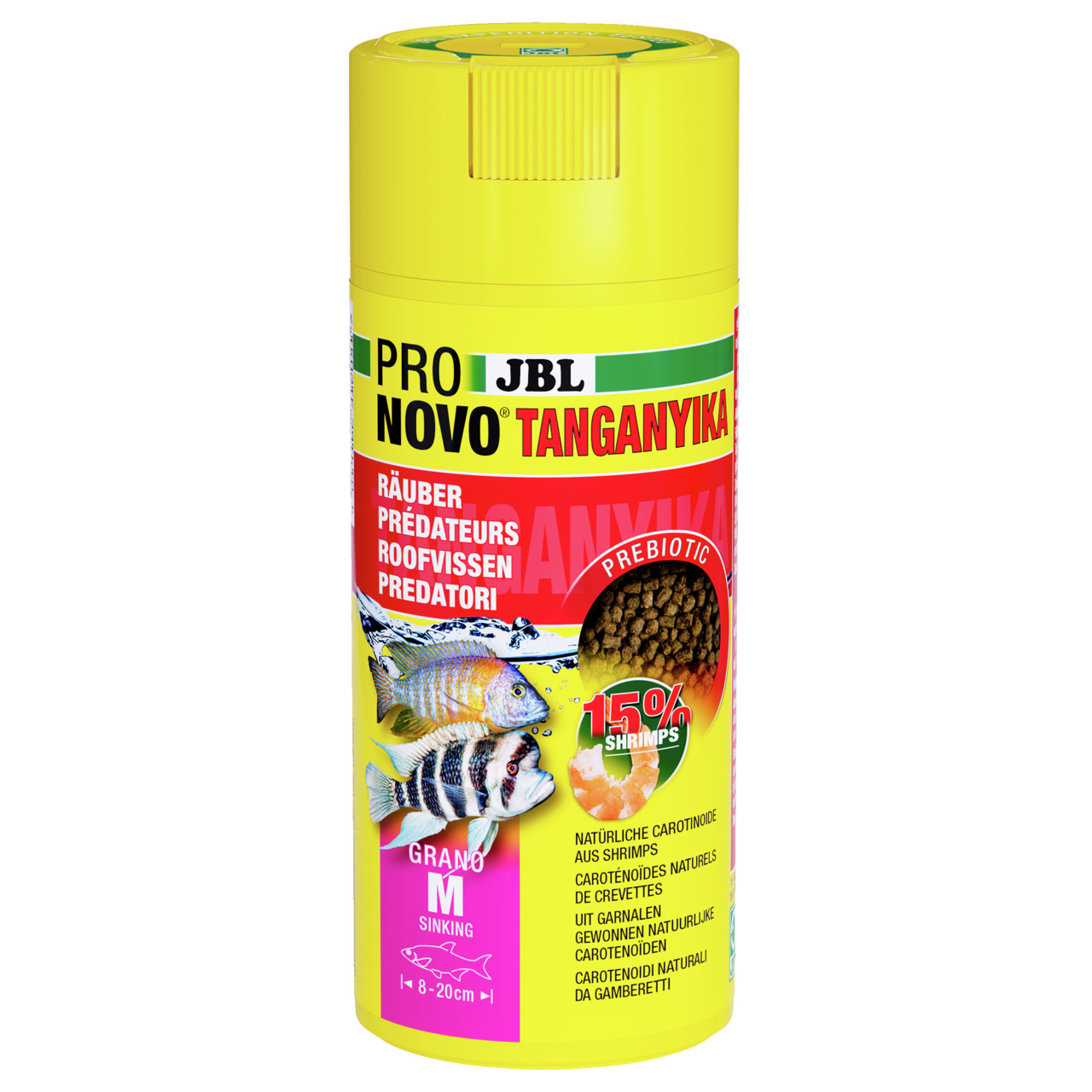 Das Bild zeigt eine gelbe Dose des Fischfutters „JBL Pro Novo Tanganyika Grano M“. Es ist speziell für räuberische Buntbarsche aus dem Tanganjikasee entwickelt. Die Zielgruppe sind Aquarienfische von 8-20 cm Länge. Enthält 15 % Garnelen und natürliche Car