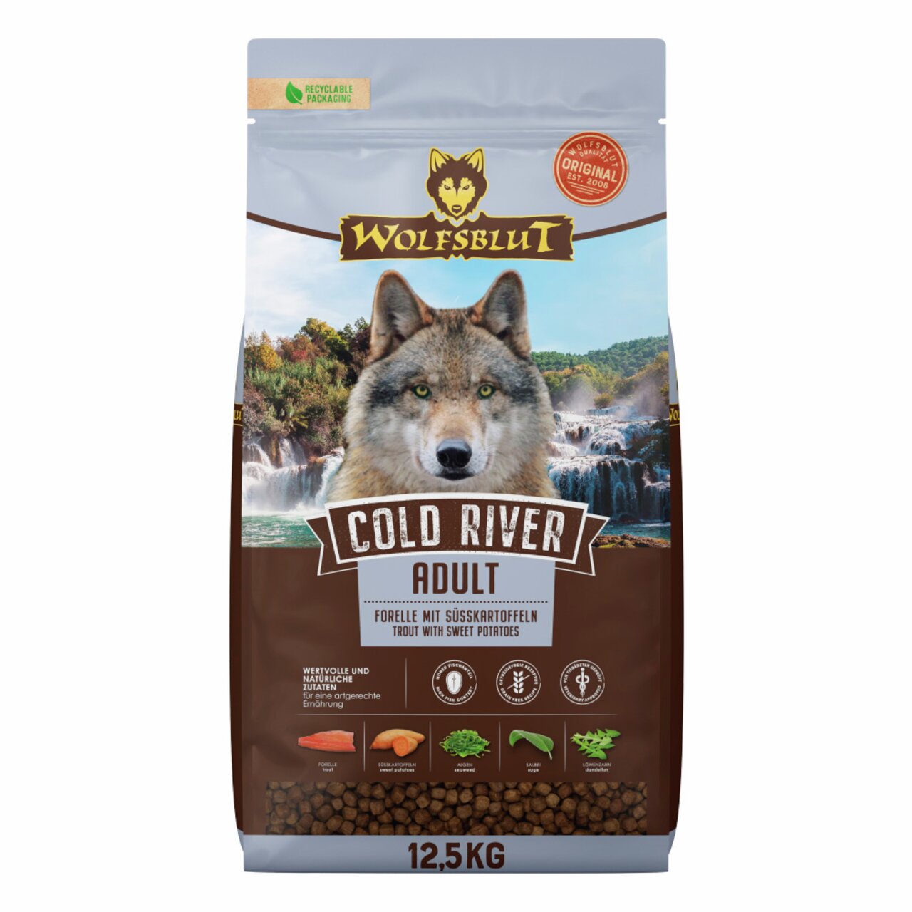 WOLFSBLUT Cold River Adult Hundefutter mit Forelle und Süßkartoffeln, für ausgewachsene Hunde, 12,5 kg, hochwertige Zutaten.