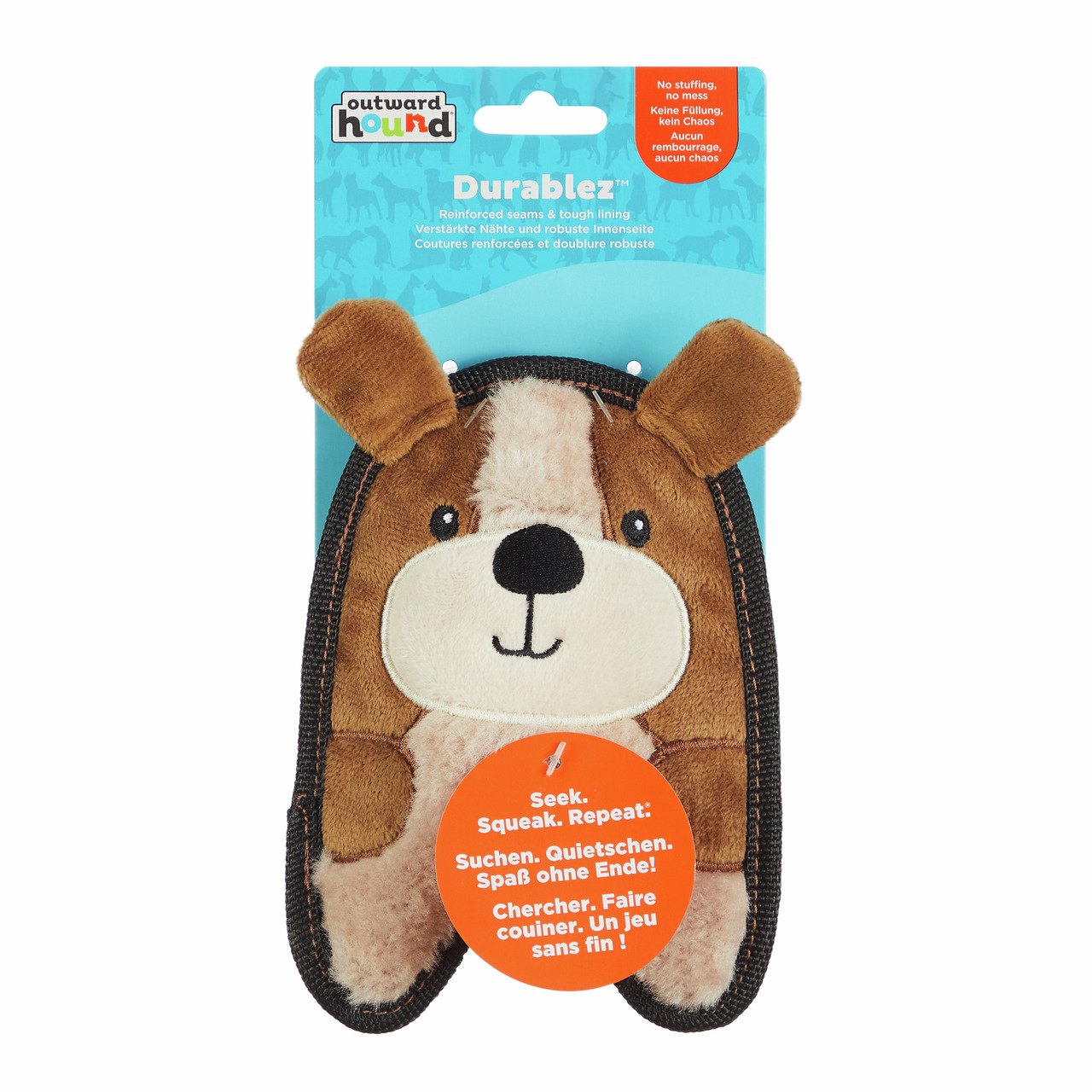 Outward Hound Durablez Hundespielzeug, robustes Plüsch ohne Füllung, verstärkte Nähte, Hundegesicht, „Suchen. Quietschen. Spaß ohne Ende!“.
