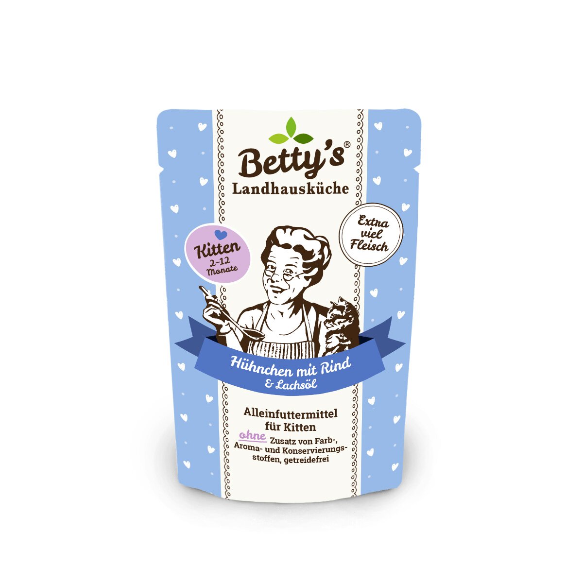 Betty's Landhausküche Kitten Nassfutter für Kätzchen, Hühnchen mit Rind und Lachsöl, Extra viel Fleisch, getreidefrei.