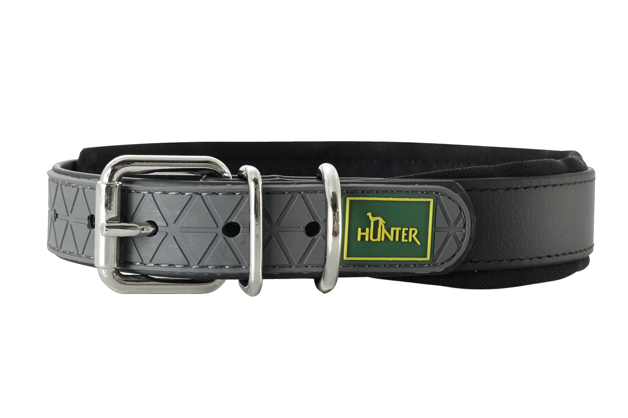 HUNTER Hundehalsband "Modern Art Luxus", Grau, geometr. Muster, Metallschnalle, D-Ring, weich gepolstert, für Hunde aller Größen.