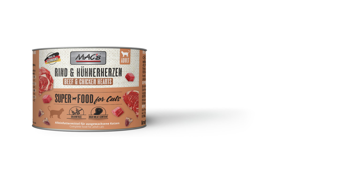 MAC's Rind & Hühnerherzen Katzenfutter, erw. Katzen, Rind & Hühnerherzen, getreidefrei, hoher Fleischanteil, „Superfood for Cats“, 400 g.
