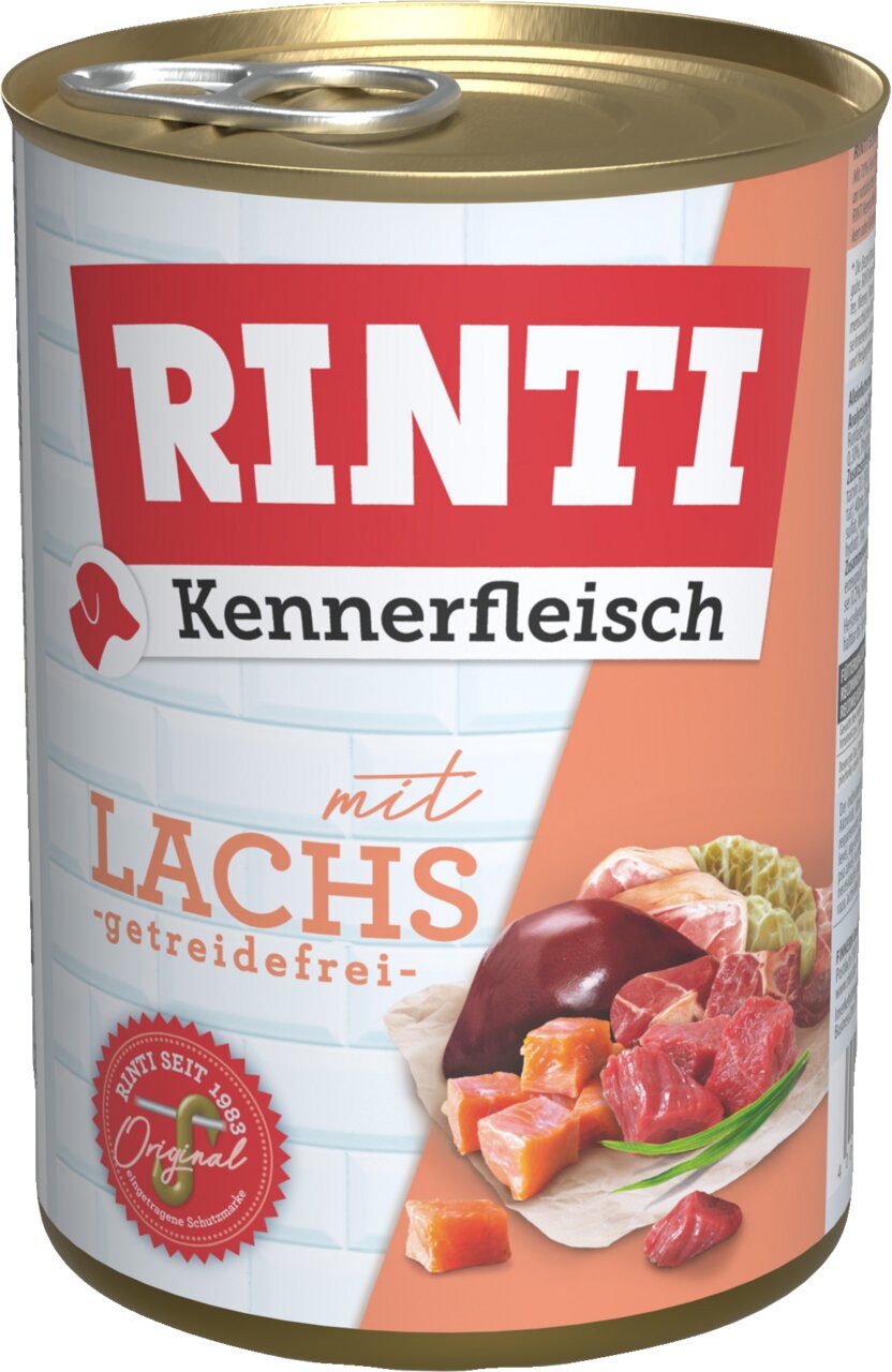 RINTI Kennerfleisch Hundefutter, mit Lachs, getreidefrei, frisches Fleisch & Innereien, 400 g.