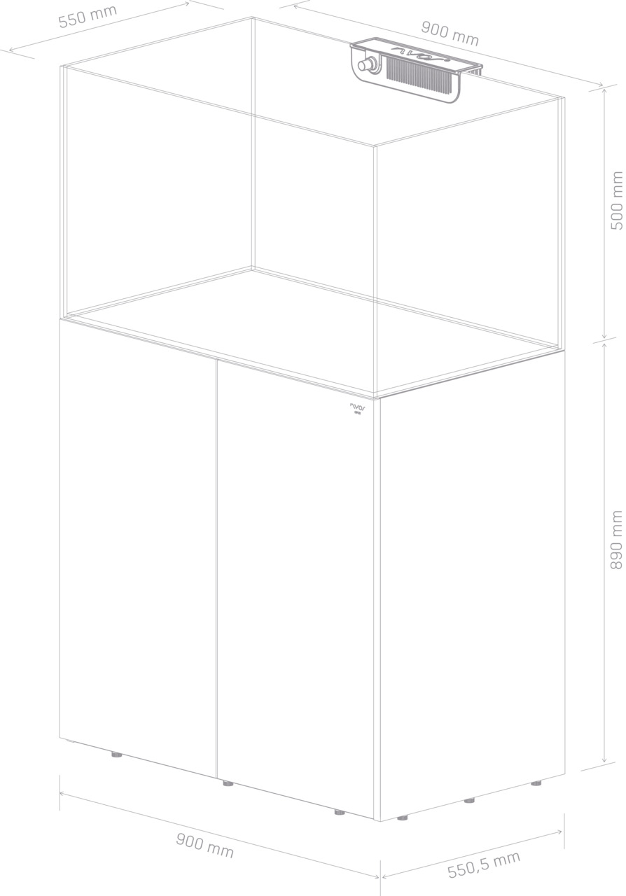 Das Bild zeigt ein hochwertiges Aquarium-Set der Marke Nyos mit den Maßen 900 mm Breite, 550 mm Tiefe und 500 mm Höhe für das Aquarium, sowie einer Gesamthöhe von 890 mm inklusive Unterschrank. Das minimalistische Design umfasst einen stabilen Unterschran