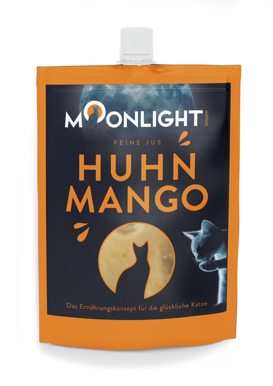 Moonlight-Dinner Feine Jus Huhn Mango für Katzen, 85 g. Natürliche Zutaten, schmackhaft und perfekt für glückliche Katzen.