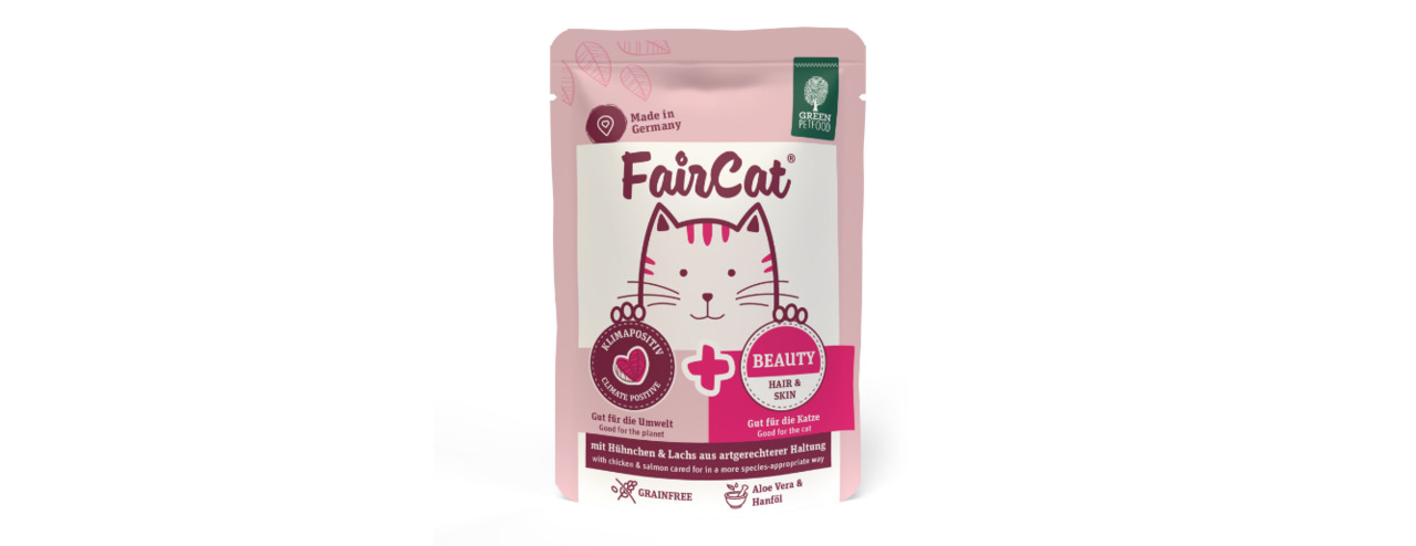 Green Petfood FairCat Beauty, Katzenfutter, Huhn & Lachs, getreidefrei, für Haut & Fell, 85 g, hergestellt in Deutschland.