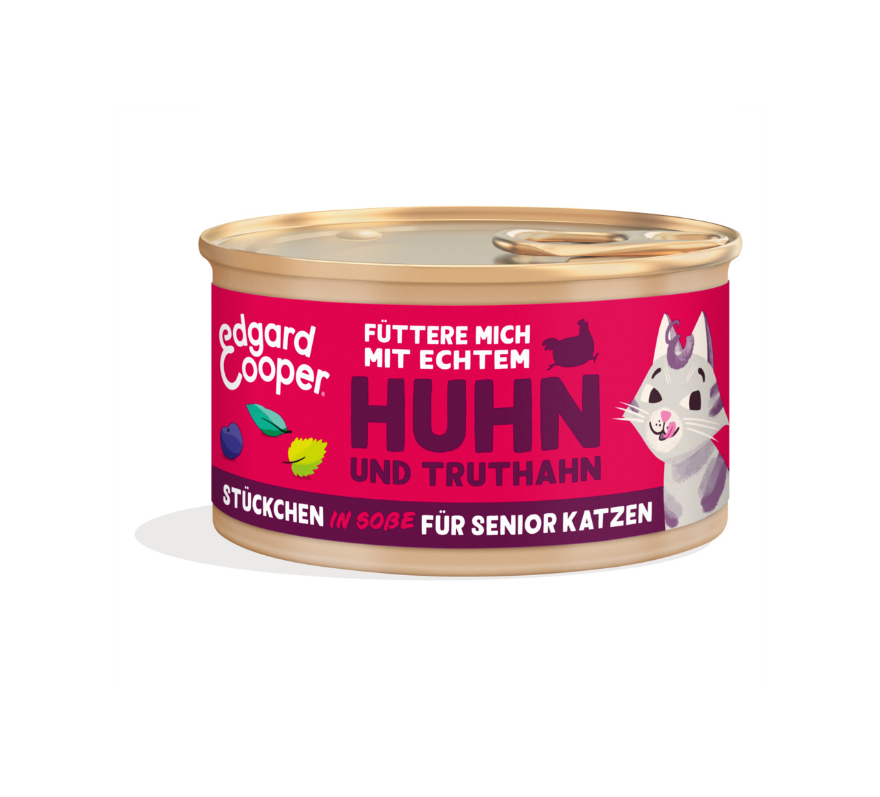 Edgard & Cooper Katzenfutter, Senior, Huhn & Truthahn, Stückchen in Soße, „Füttere mich mit echtem Huhn“, runde Dose.
