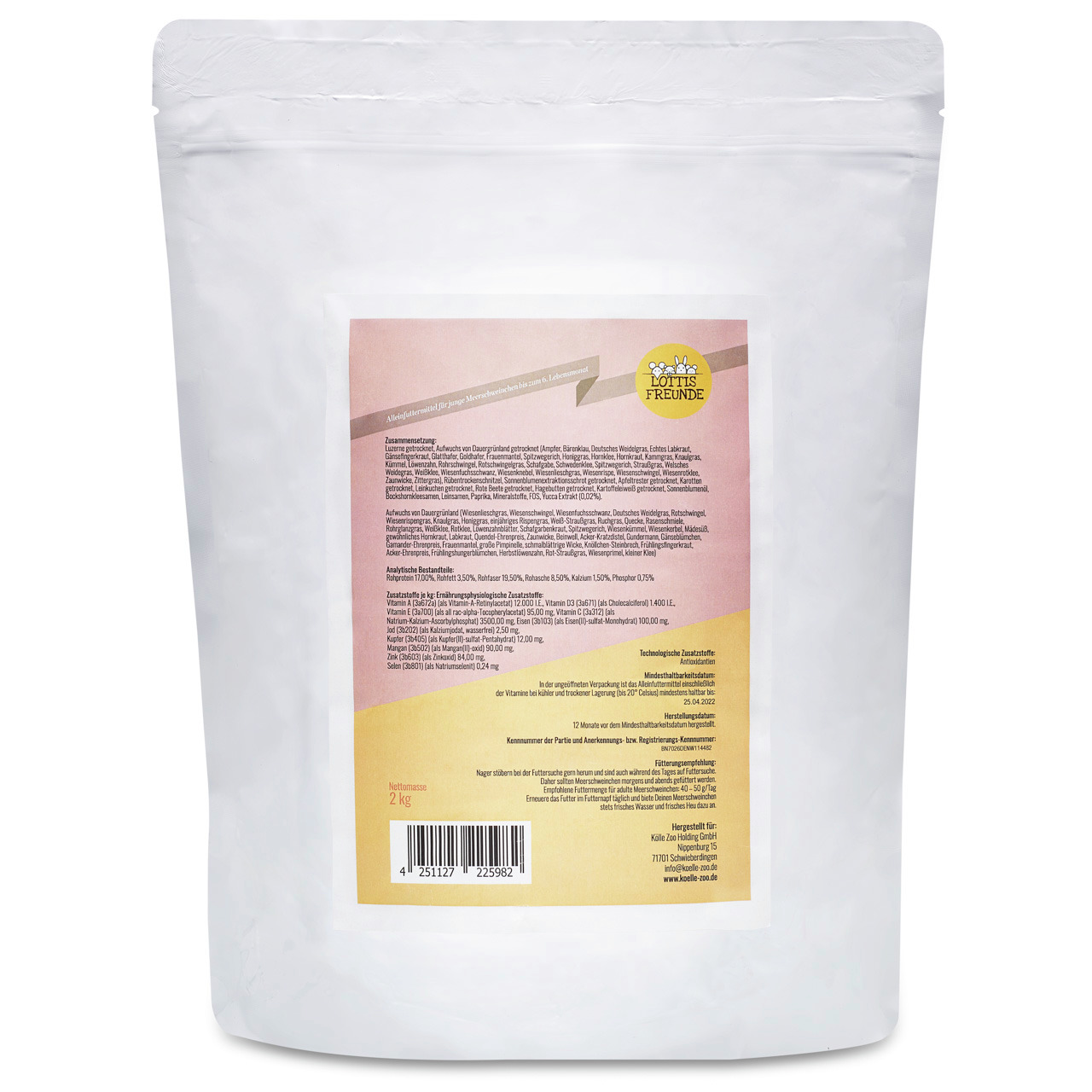 Das Bild zeigt eine weiße Verpackung des Produkts „Lottis Freunde“, einer Marke für Tiernahrung. Es handelt sich um ein 2-kg-Beutel mit Futter für Hunde. Die Verpackung hat ein farbiges Etikett in Rosa und Gelb, das detaillierte Informationen zu Inhaltsst