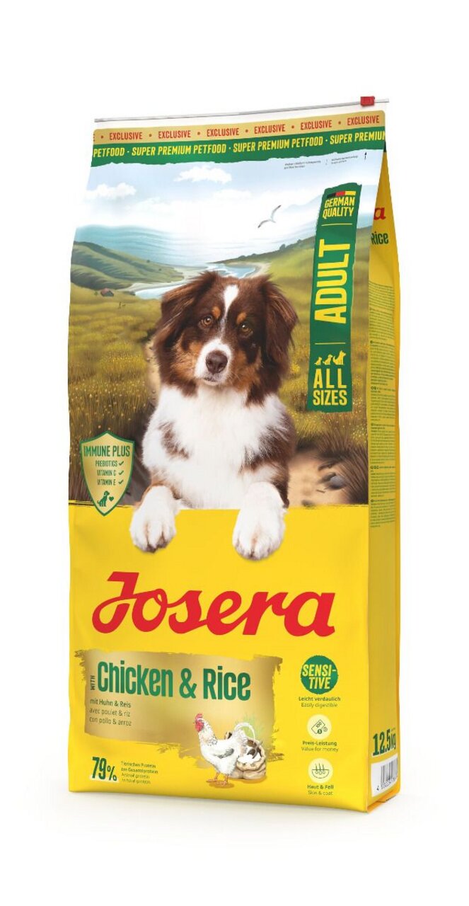 Josera Adult Hundefutter, Chicken & Rice, für ausgewachsene Hunde, leicht verdaulich, 12,5 kg, Huhn und Reis.
