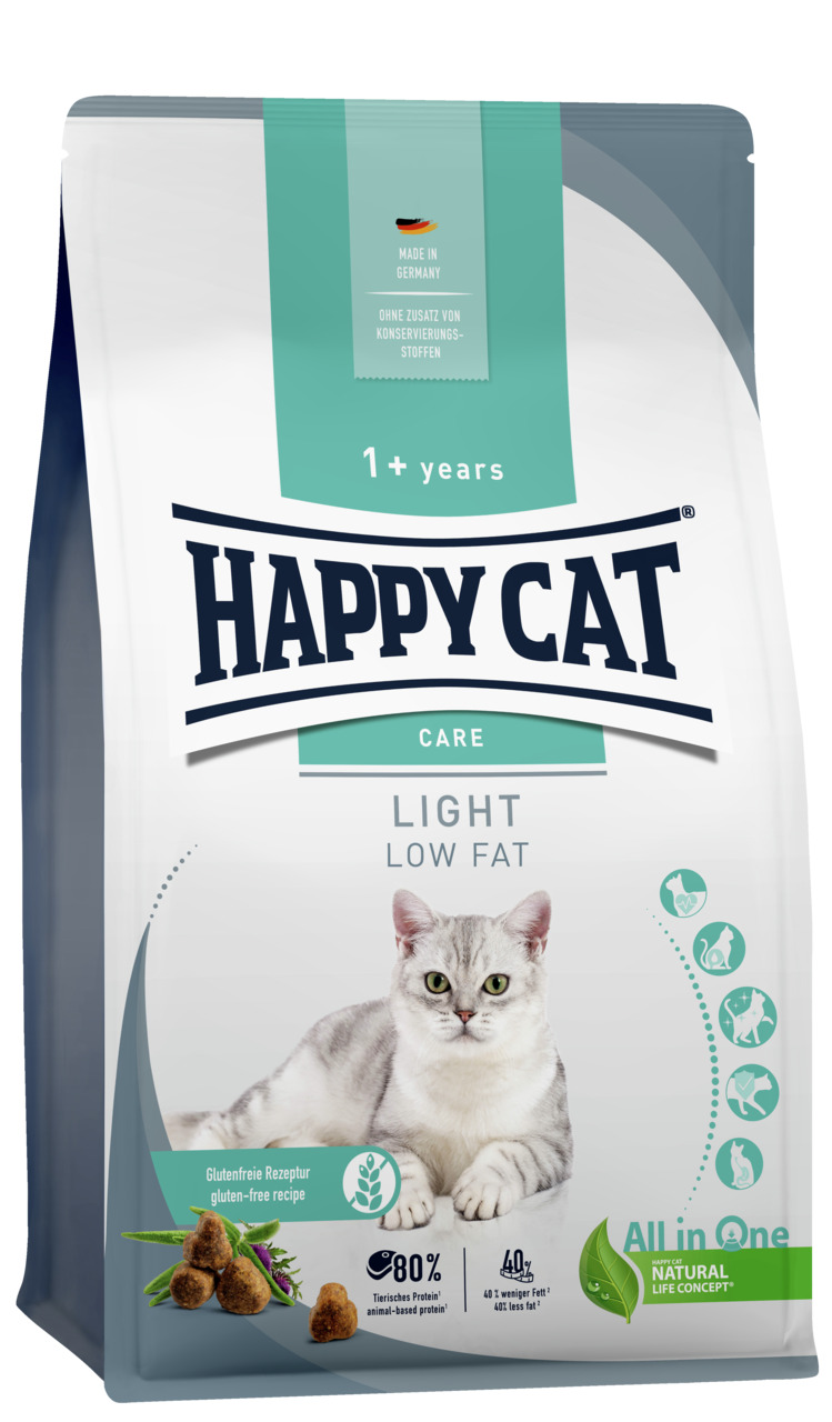HAPPY CAT Light Low Fat, Katzenfutter für ausgewachsene Katzen (ab 1 J.), glutenfrei, 80 % tier. Protein, 40 % weniger Fett, 4 kg.