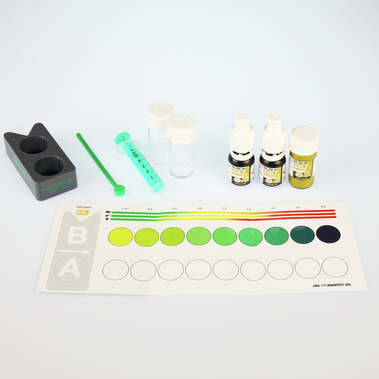 JBL ProAquaTest SiO2, Wassertest-Set f. Aquarien-Teiche, misst Silikatwerte, inkl. Reagenzien, Testgläser, Spritze, Löffel, Farbskala.
