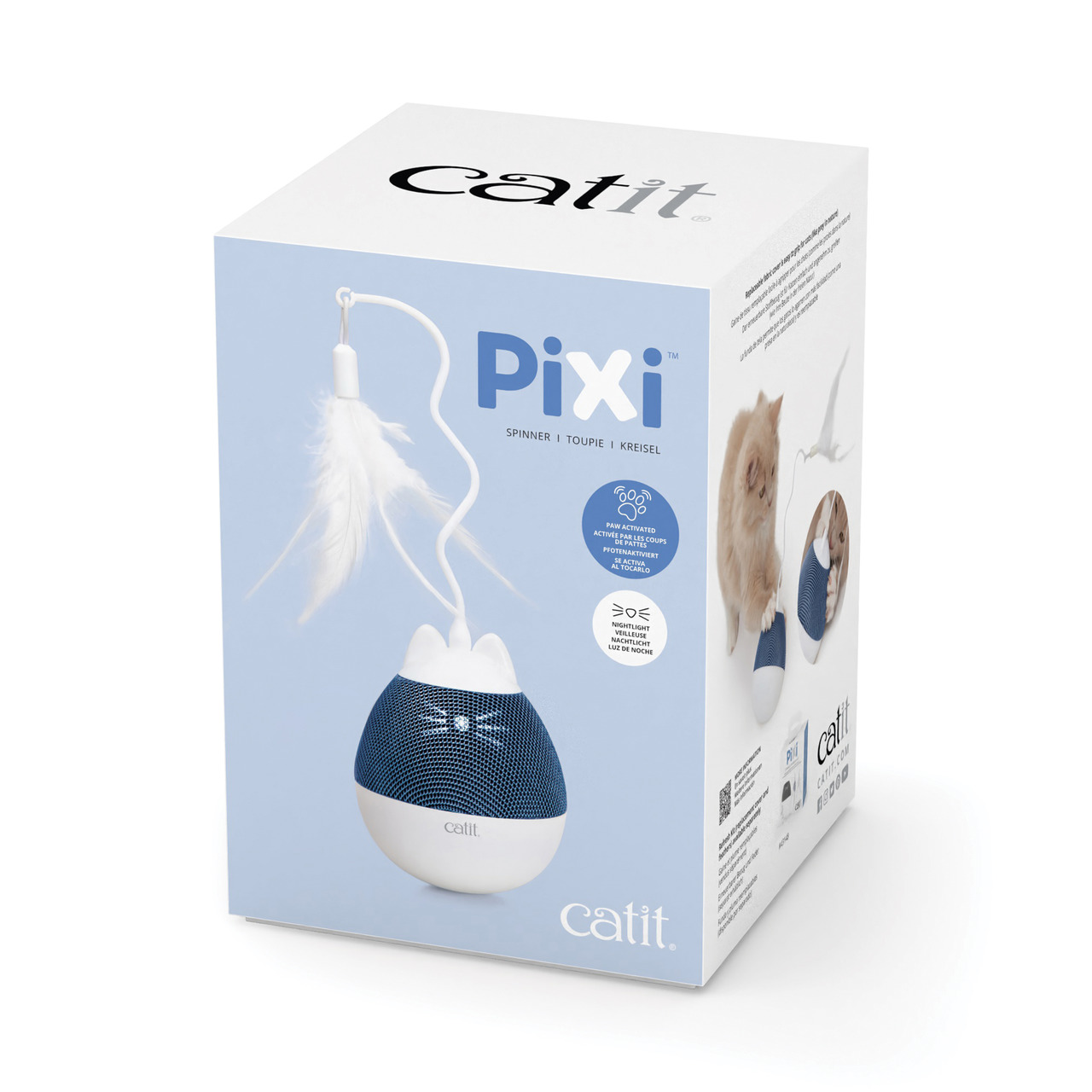 Catit PIXI Spinner, interaktives Katzenspielzeug mit Feder zur Anregung des Jagdinstinkts, für Katzen, blau-weiße Verpackung.