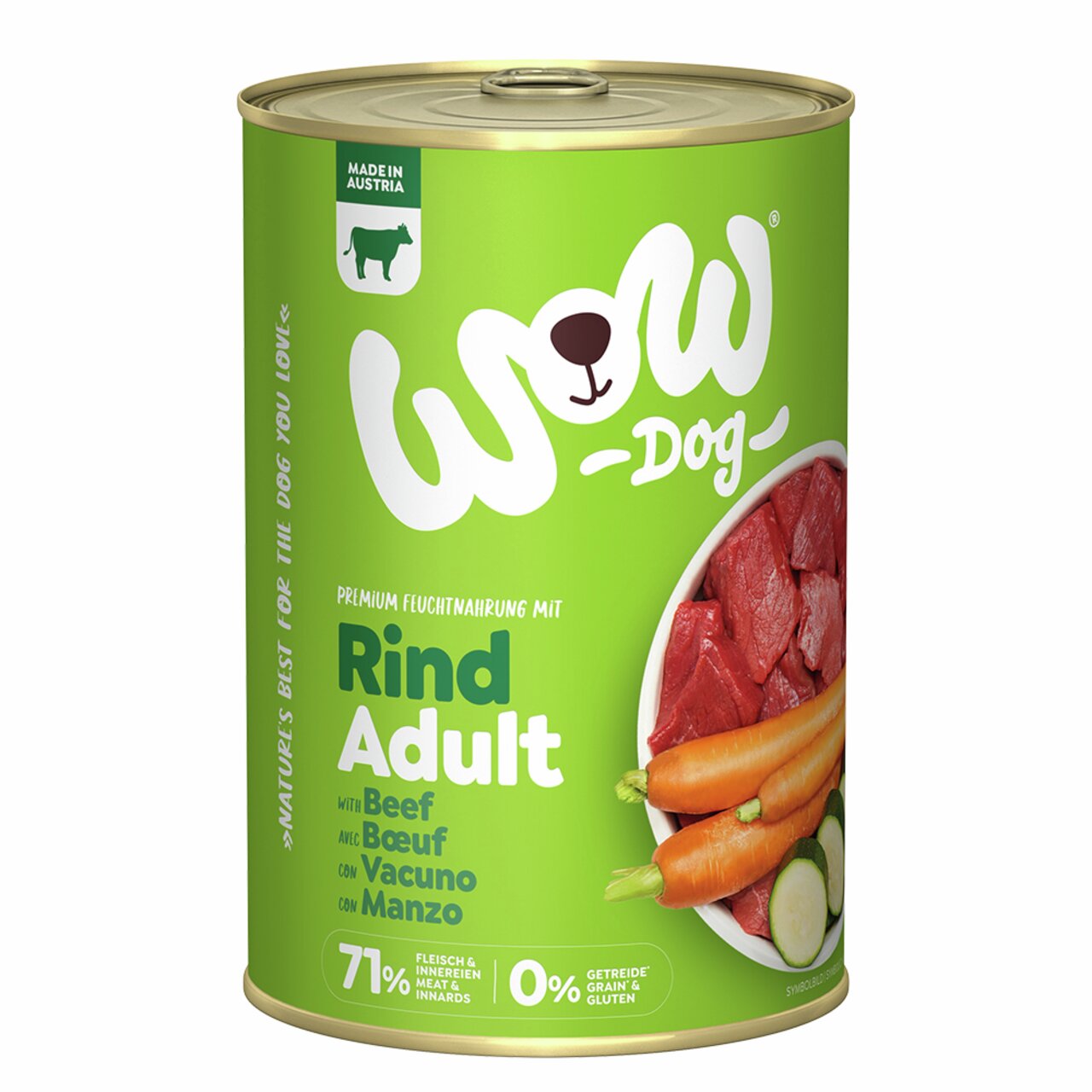 Dose „WOW DOG Rind Adult“ für Hunde mit 71 % Fleisch, Geschmacksrichtung Rind, getreidefrei, Inhalt sichtbar: 400 g.