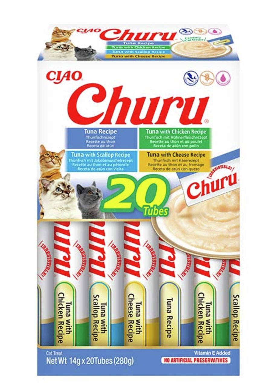 CIAO Churu Katzensnack, Thunfisch, Huhn, Käse, Jakobsmuschel, 20 Stk à 14g (280g), cremig, Vitamin E, ohne künstliche Zusätze.
