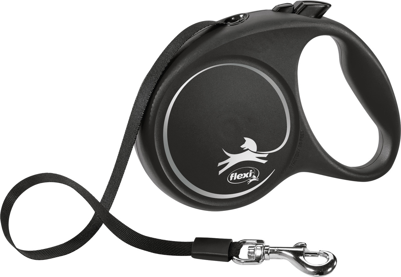 Schwarze Flexi Hundeleine mit ergonomischem Griff und integriertem Aufrollmechanismus. Geeignet für Hunde, bietet sie eine sichere und komfortable Handhabung. Die Leine ist robust, mit einem stabilen Karabinerhaken ausgestattet und ideal für Spaziergänge.