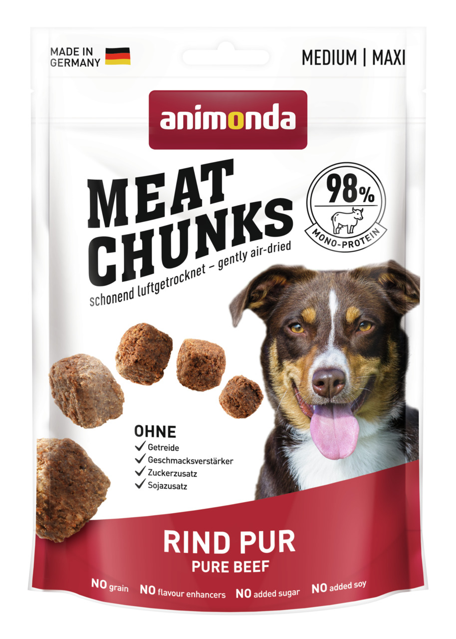 animonda Meat Chunks Rind Pur: Hundesnack Medium-Maxi, 98 % Rind, getreidefrei, ohne Zucker-Soja, luftgetrocknet, Made in Germany.