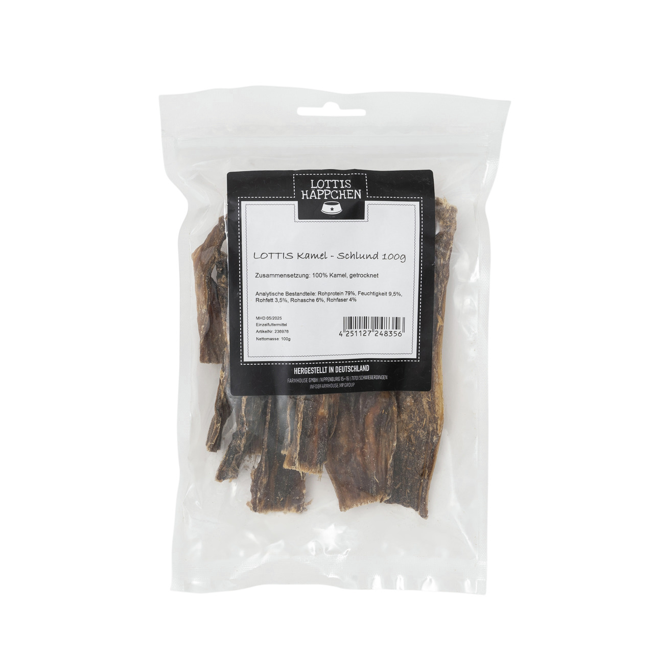 LOTTIS HÄPPCHEN Kamel-Schlund, 100 % Kamel, ohne Zusatzstoffe, 100 g, für Hunde, in Deutschland hergestellt.