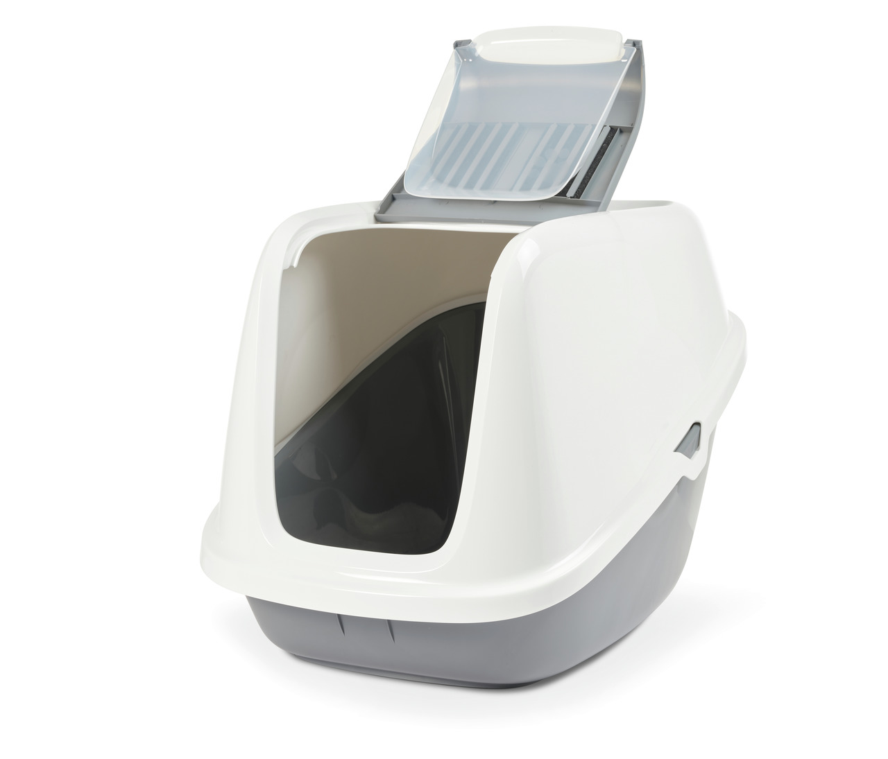 Geschlossene Katzentoilette von SAVIC, Modell "Nestor", geeignet für Katzen aller Größen. Die Toilette verfügt über eine Klapptür und eine herausnehmbare Schale für einfache Reinigung. Farbgebung in Weiß und Grau. Ideal für eine hygienische und geruchsarm