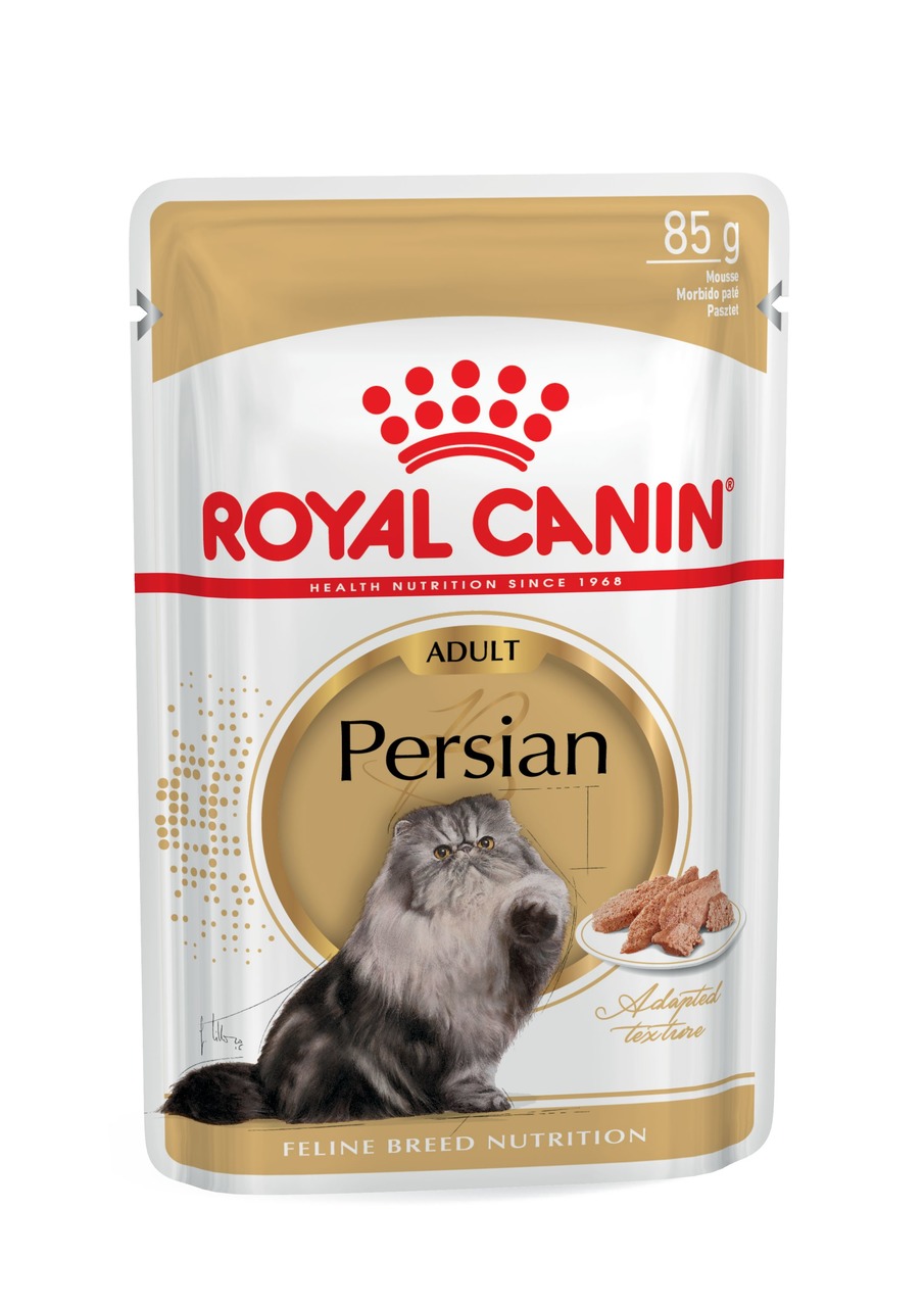 Das Bild zeigt eine Verpackung des Katzenfutters „ROYAL CANIN Persian Adult“ in einer 85 g Portionsgröße. Es ist speziell für ausgewachsene Perserkatzen entwickelt und bietet eine angepasste Textur für eine optimale Nahrungsaufnahme. Die Geschmacksrichtun