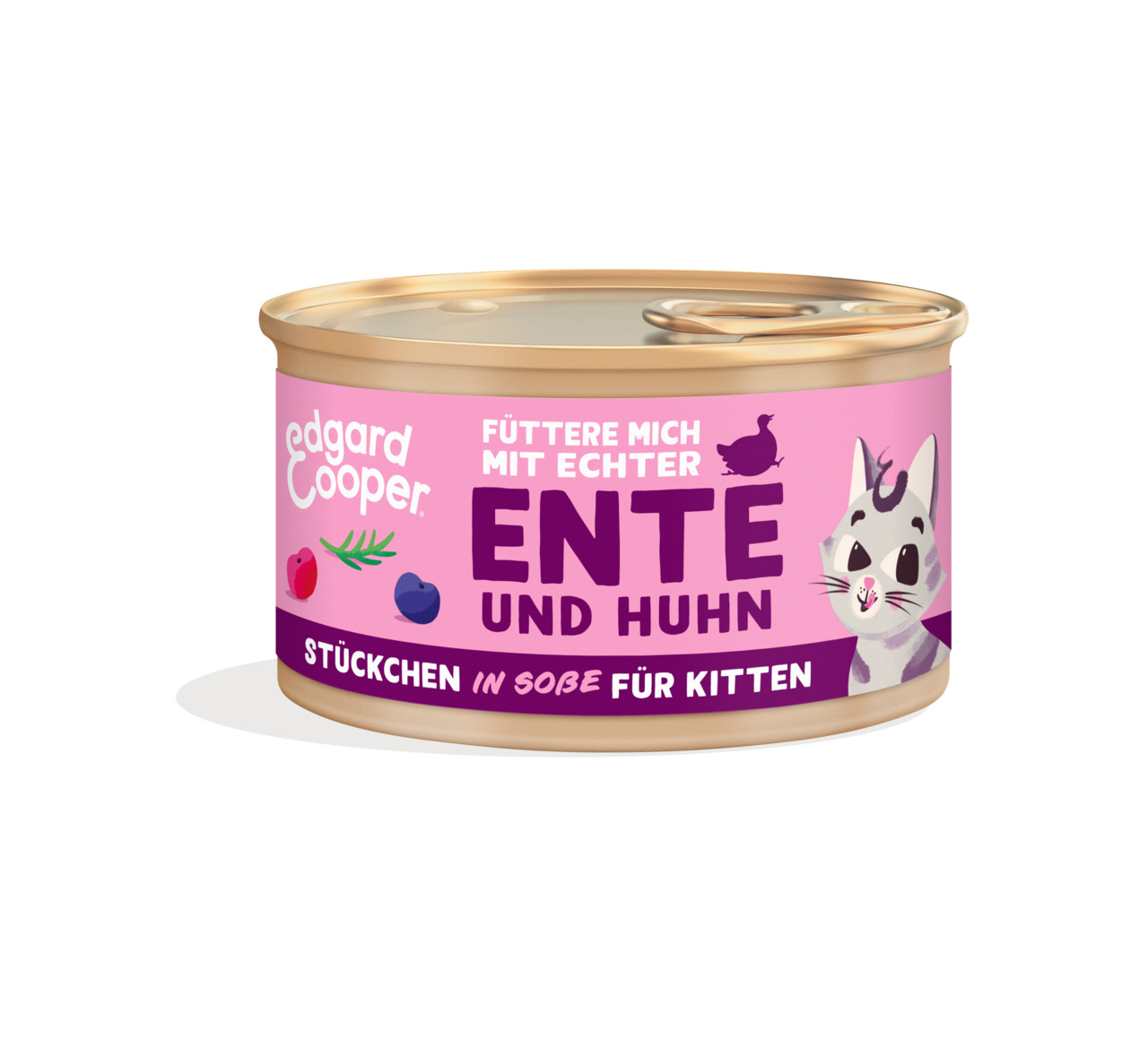 Edgard & Cooper Katzenfutter für Kitten, Ente & Huhn, Stückchen in Soße, rosa Dose mit Beeren- & Katzenillustration.