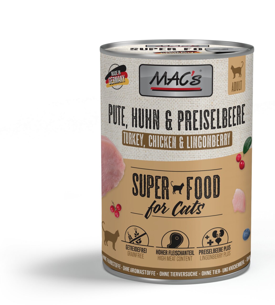 Katzenfutter MAC's Pute, Huhn & Preiselbeere, für adulte Katzen, getreidefrei, hoher Fleischanteil, 400g Dose, Made in Germany.