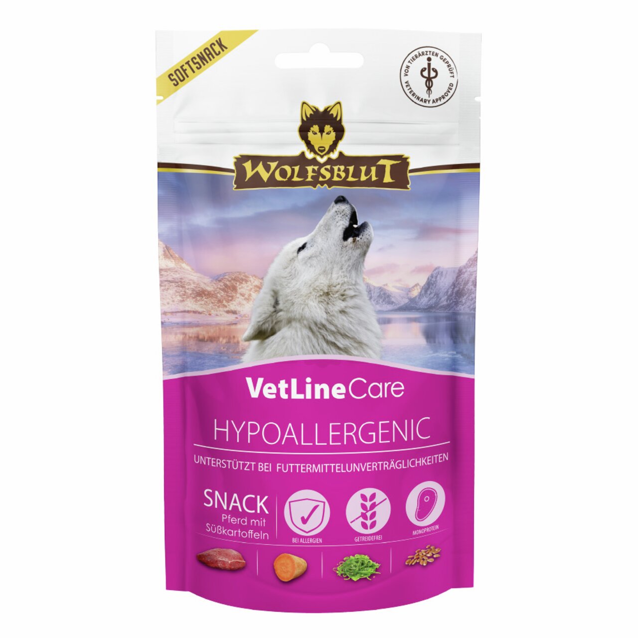 Wolfsblut VetLine Care Hundesnack, Pferd & Süßkartoffeln, 225 g, hypoallergen, getreidefrei, monoprotein, tierärztlich geprüft.
