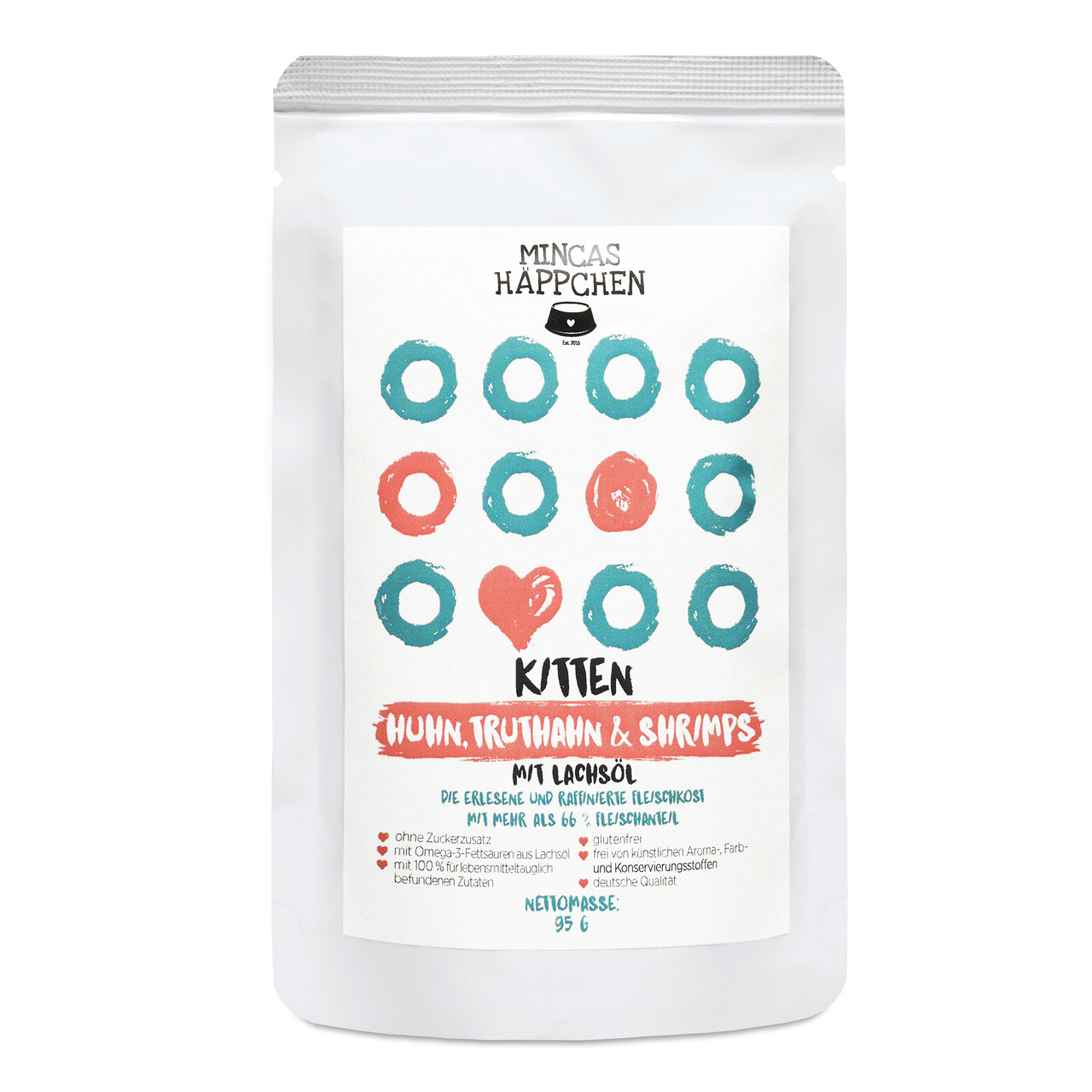 Sparpaket 24 x 95 g Mincas Häppchen Kitten Huhn, Truthahn, Ente & Shrimps Katzen Nassfutter