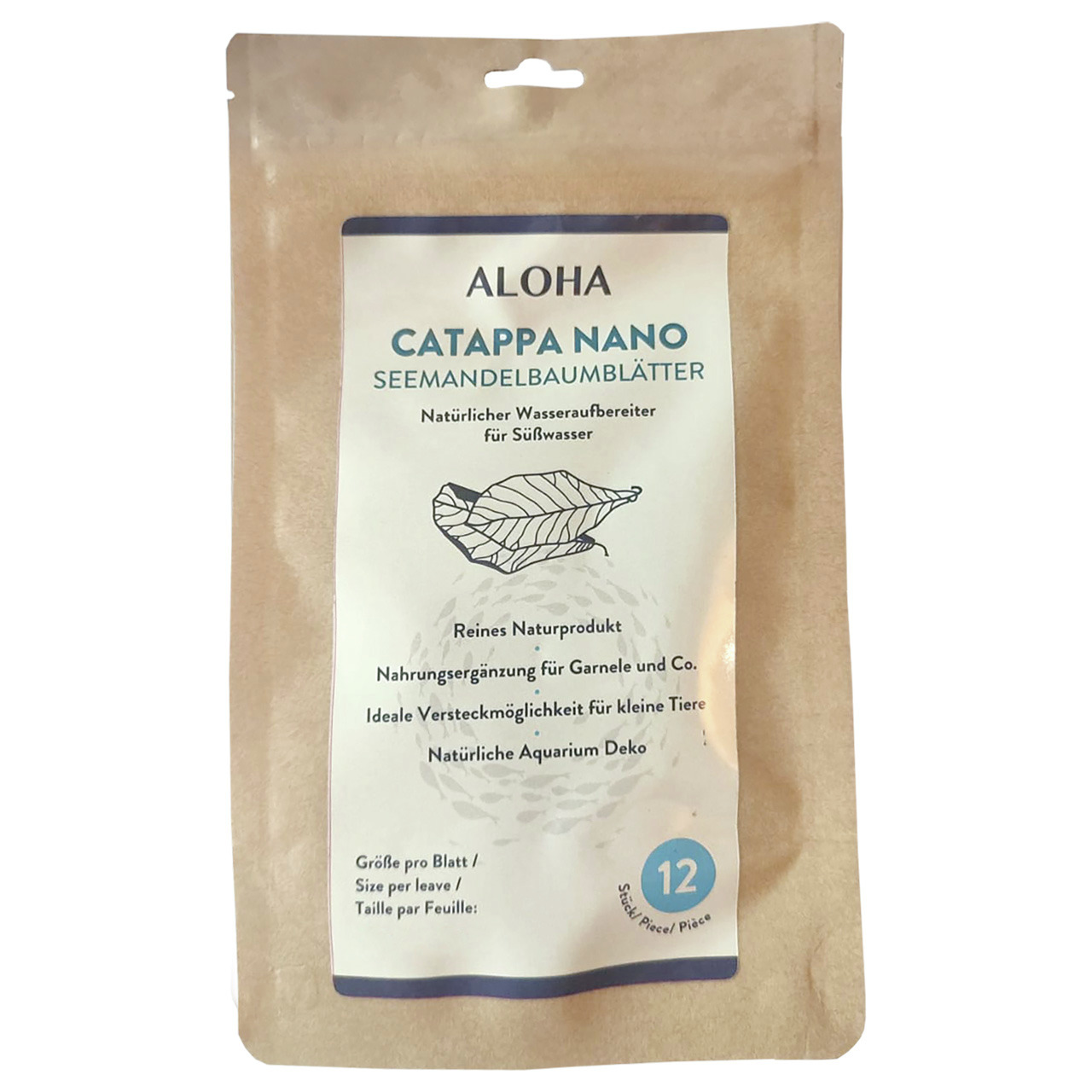 ALOHA Catappa Nano Seemandelbaumblätter, Naturprodukt f. Garnelen & kl. Tiere, Nahrungsergänzung, Versteck, 12 Blätter, Deko.