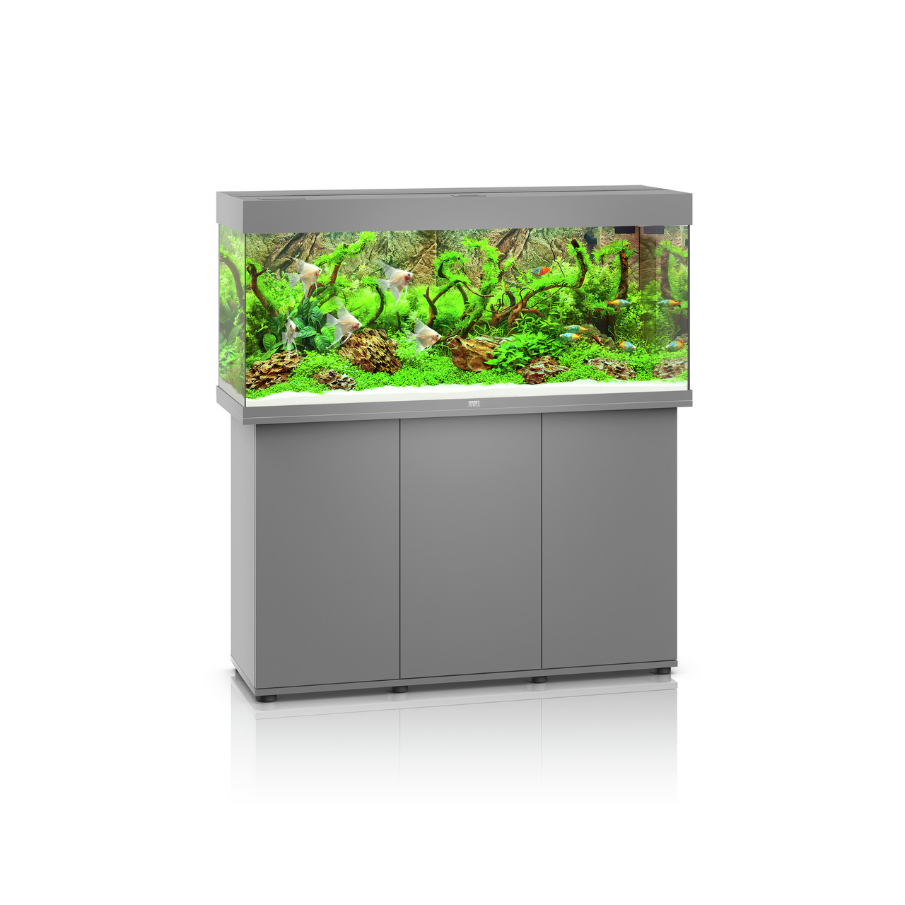 Das Bild zeigt das JUWEL Rio 350 LED Aquarium-Set in Grau, ein hochwertiges Aquarium für Aquaristik-Enthusiasten. Es ist mit üppiger grüner Bepflanzung und Dekoration ausgestattet, die eine natürliche Unterwasserlandschaft simulieren. Das Set umfasst ein 