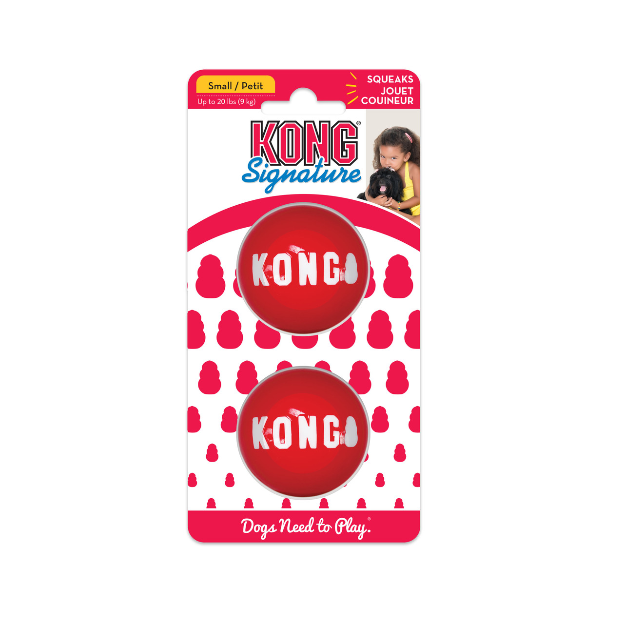 KONG Signature Balls, 2 rote Spielbälle für Hunde bis 9 kg, robust, quietschend, fördern Aktivität, „Dogs Need to Play“.