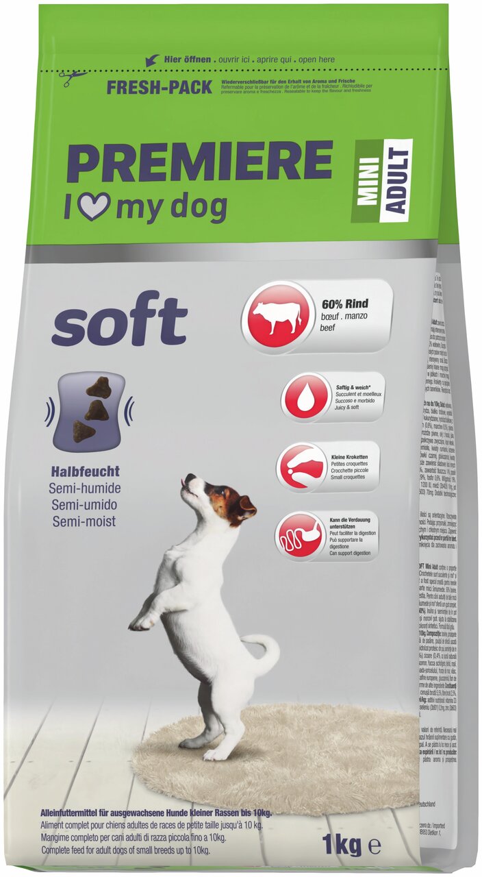 PREMIERE I love my dog soft, Hundefutter, kl. Rassen bis 10 kg, Rind, 60 % Fleisch, halbfeucht, verdauungsfördernd, 1 kg.