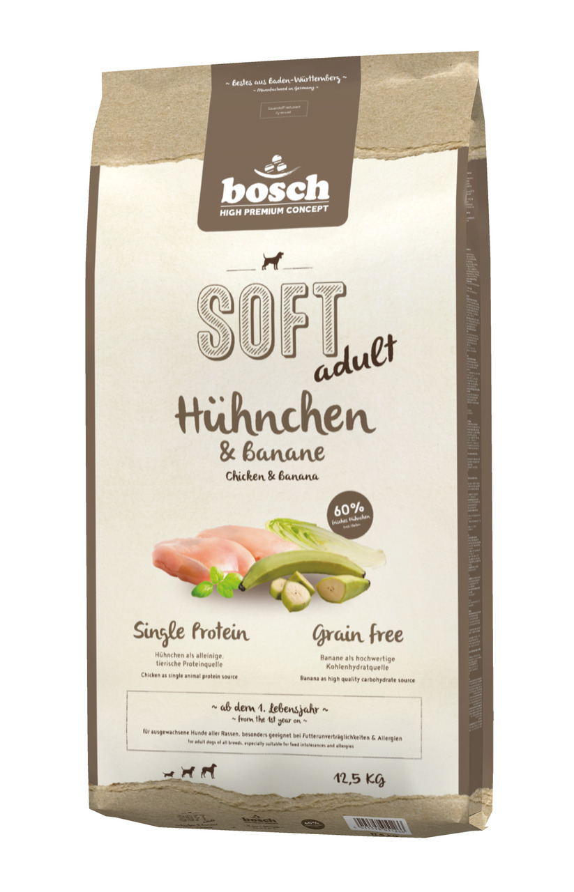 Bosch High Premium Concept Soft Adult Huhn & Banane, 12,5 kg, für ausgew. Hunde ab 1 Jahr, getreidefrei, 60 % Huhn, Banane, allergikerfreundl.